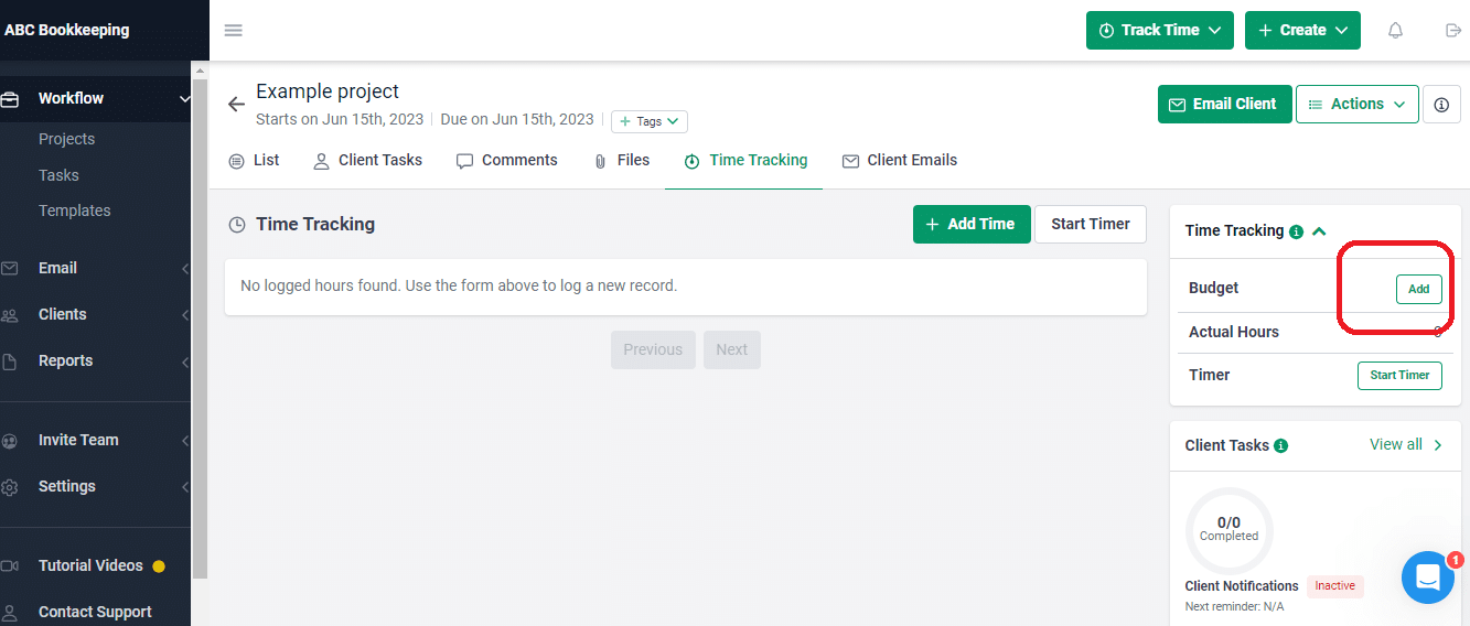 adding budget to time tracking on Financial Cents