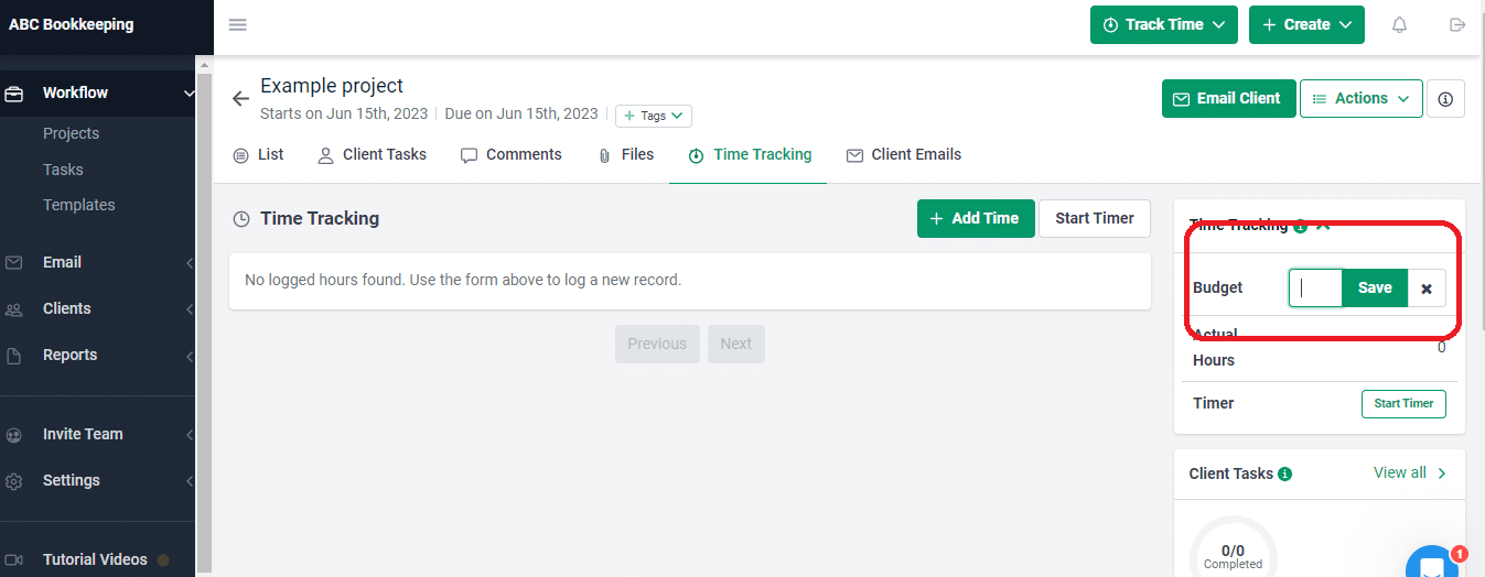 input your budget for time to be tracked