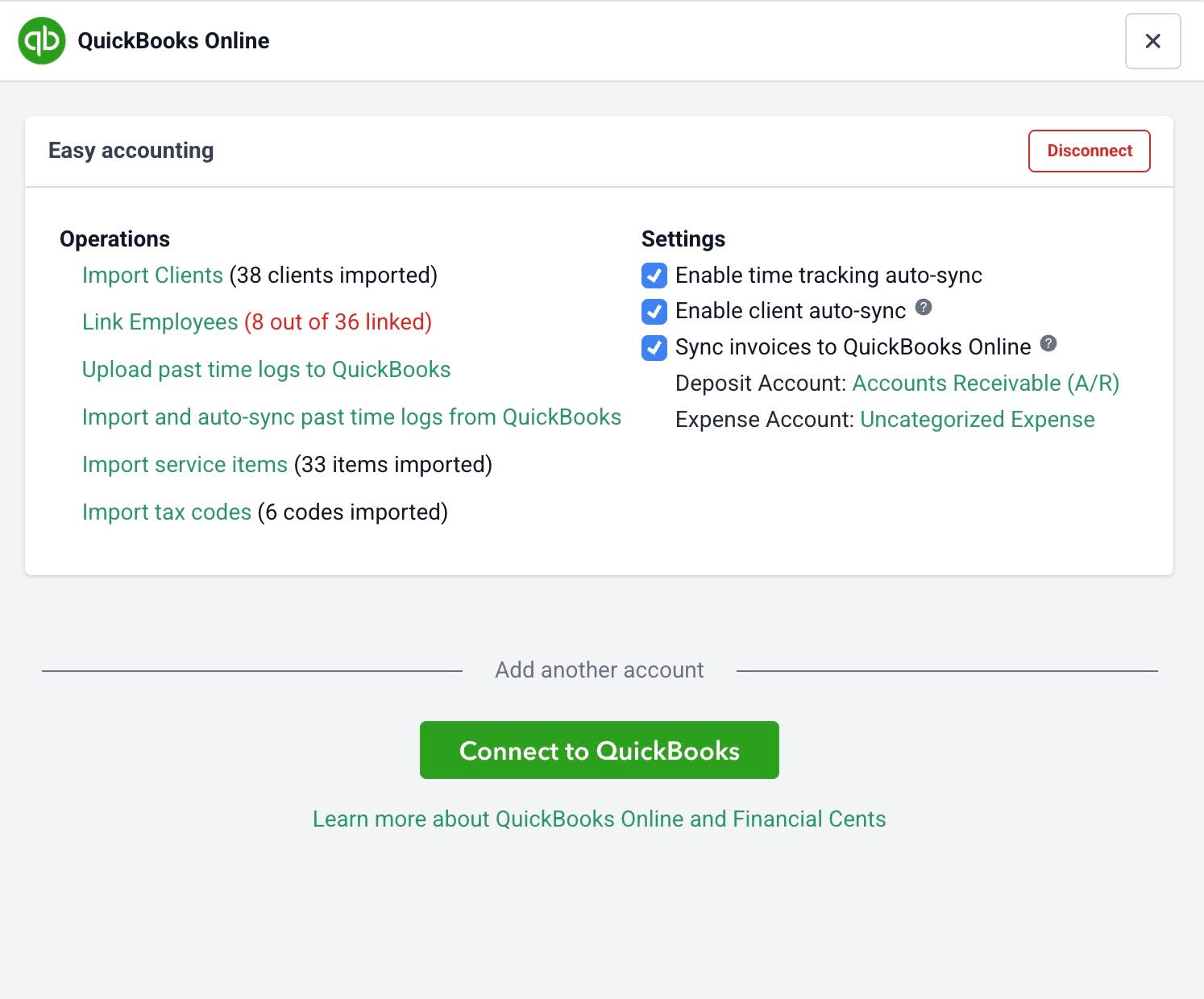 integrating financial cents with QBO for time tracking of clients work