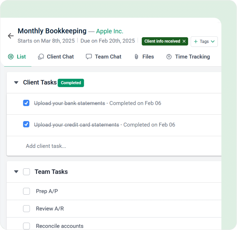 A project management dashboard for Monthly Bookkeeping — Apple Inc. displays client tasks completed and team tasks like Prep A/P and Review A/R pending, serving as a great example for those seeking jetpack workflow alternatives.