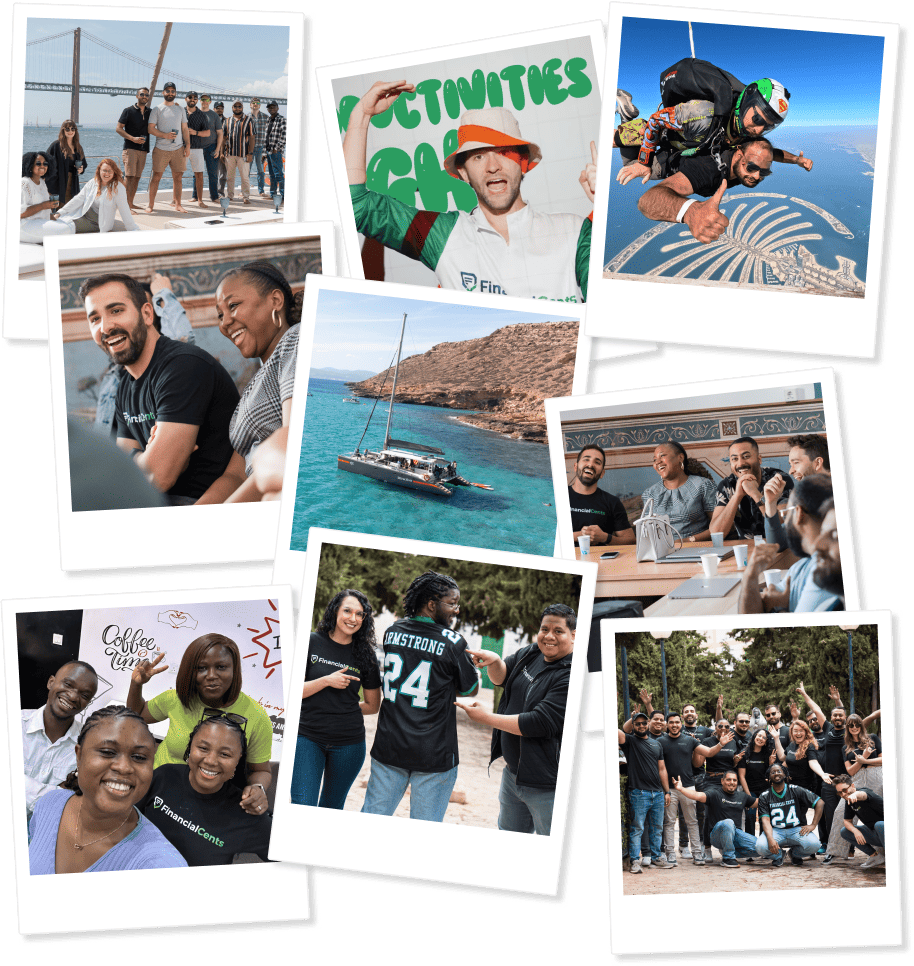 Collage of Financial Cents team bonding activities, including travel, meetings, and skydiving.