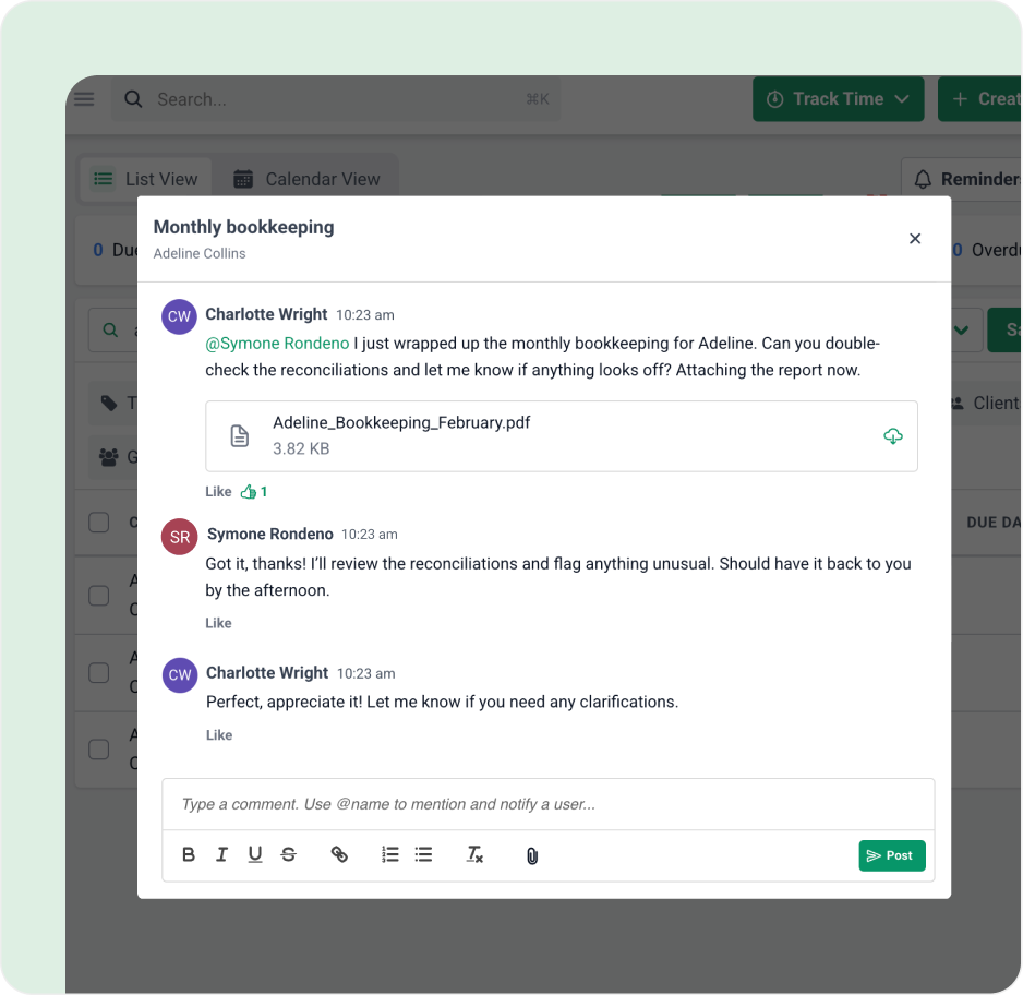 A screenshot of a chat about monthly bookkeeping, showing Charlotte Wright sharing a PDF report and Syone Rondeno confirming they will review it. The conversation appears in a project management or accounting software interface.
