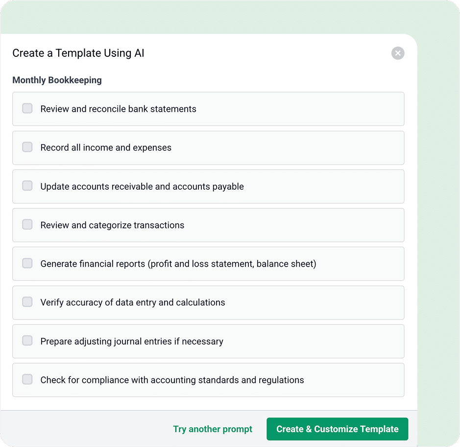 A checklist titled “Create a Template Using AI” lists monthly bookkeeping tasks like reviewing statements, updating receivables, and categorizing transactions—ideal if you’re seeking jetpack workflow alternatives. Includes “Try another prompt” and “Create & Customize Template” buttons.
