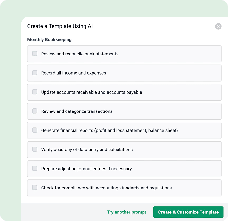 A template creation screen for monthly bookkeeping tasks, ideal as an alternative to TaxDome, listing items like bank statement review, expense recording, updating accounts, generating reports, verifying data, and compliance checks.