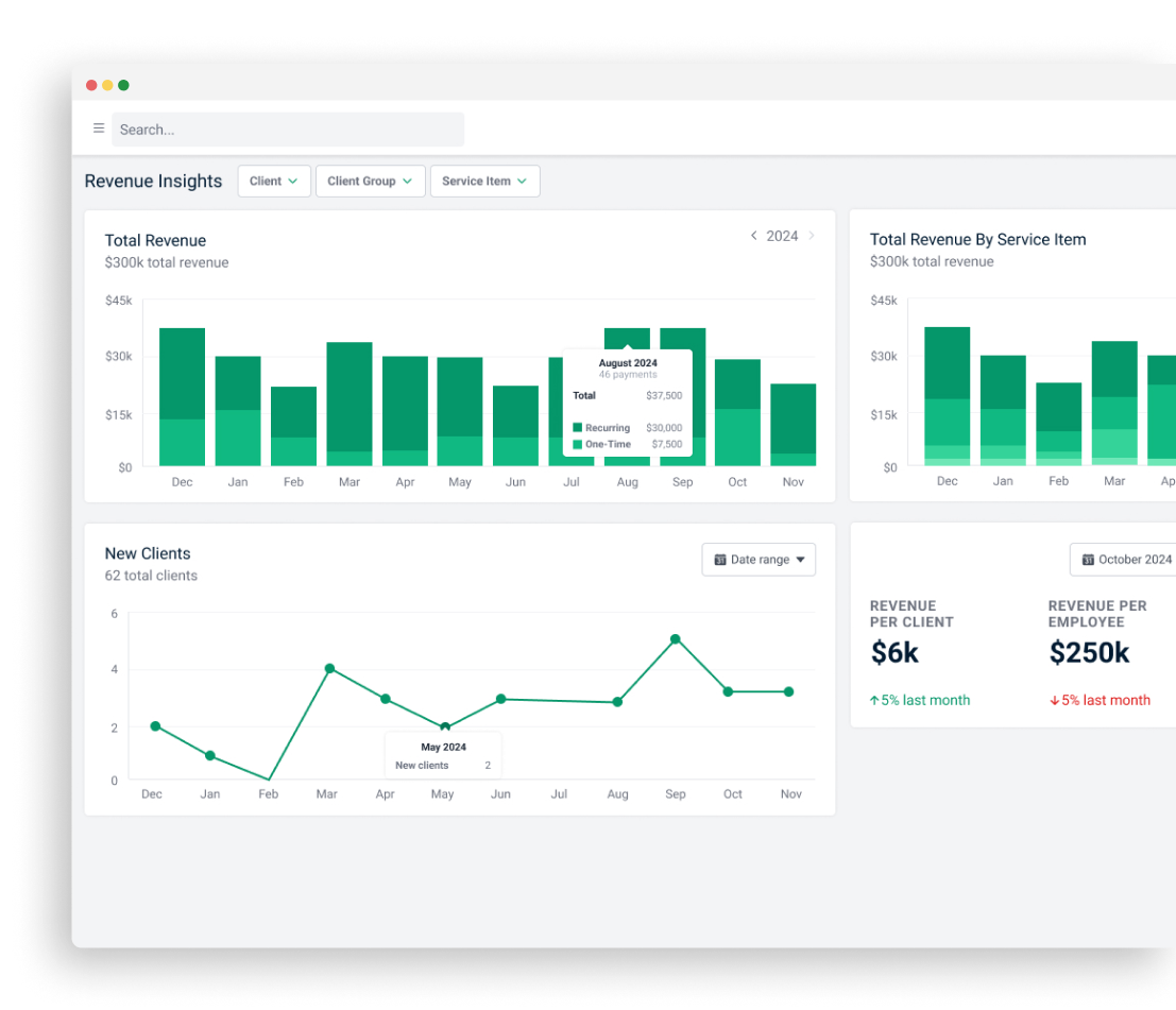 Revenue dashboard with bar charts, client trends, and financial KPIs like revenue per employee.