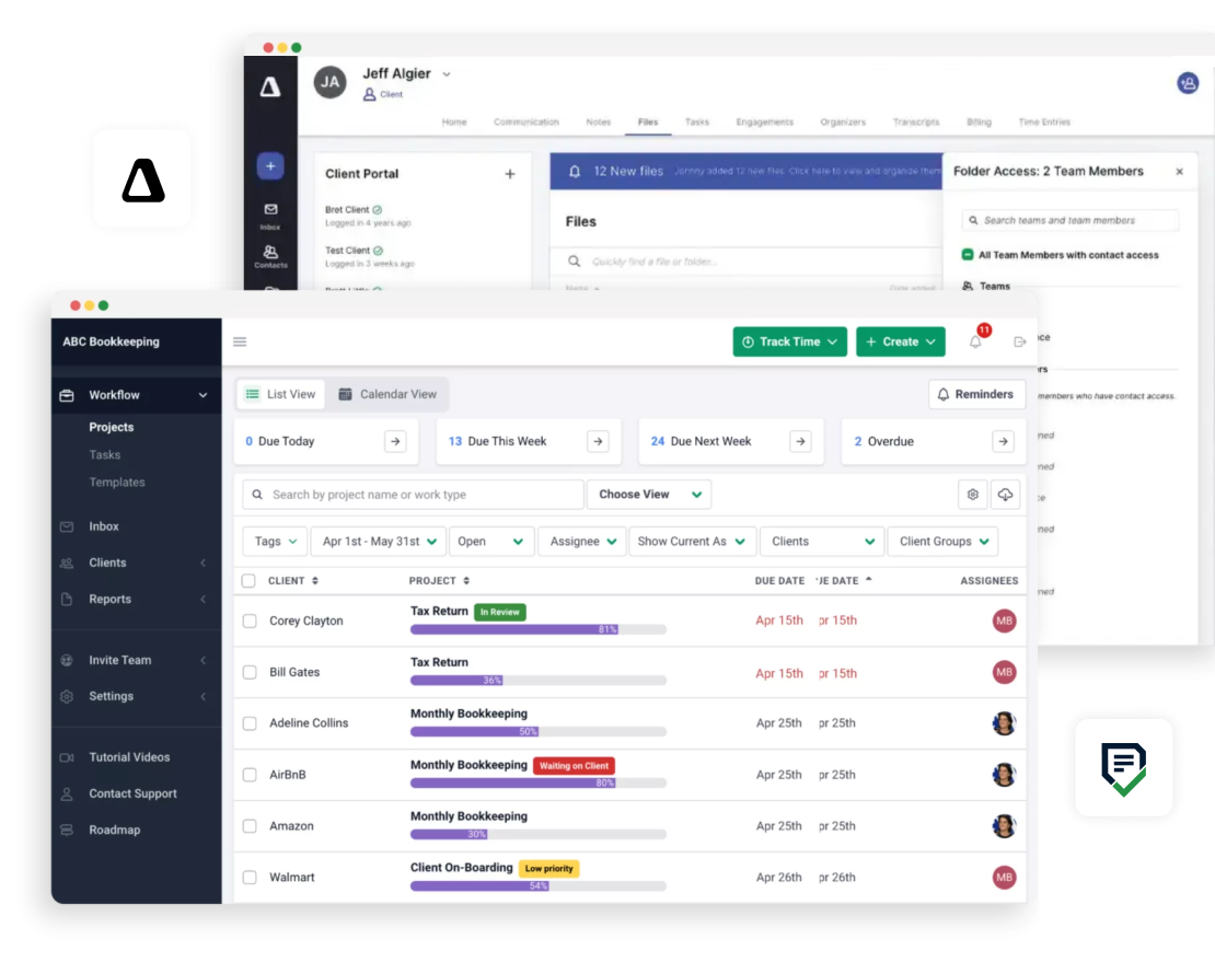 A user dashboard interface for ABC Bookkeeping, a Canopy alternative, shows a workflow menu on the left, task lists in the center, client files above, and task statuses with colored labels. The users profile appears at the top.