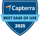 A blue badge with the Capterra logo and text that reads BEST EASE OF USE 2025, highlighting this software as a top alternative to TaxDome.