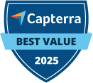 A blue shield-shaped badge with the Capterra logo at the top. Below, a blue ribbon reads BEST VALUE, highlighting it as a top taxdome alternative, and 2025 is displayed at the bottom.