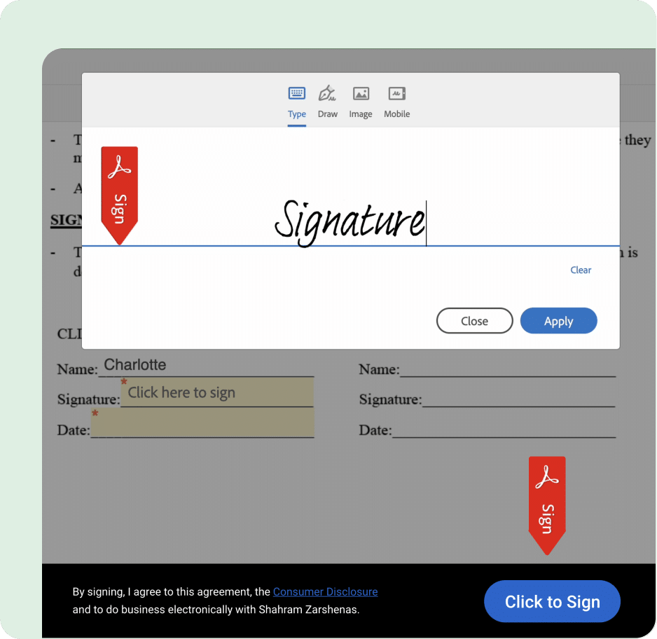 E-signature modal with typed name and a highlighted signature field labeled “Click here to sign.”