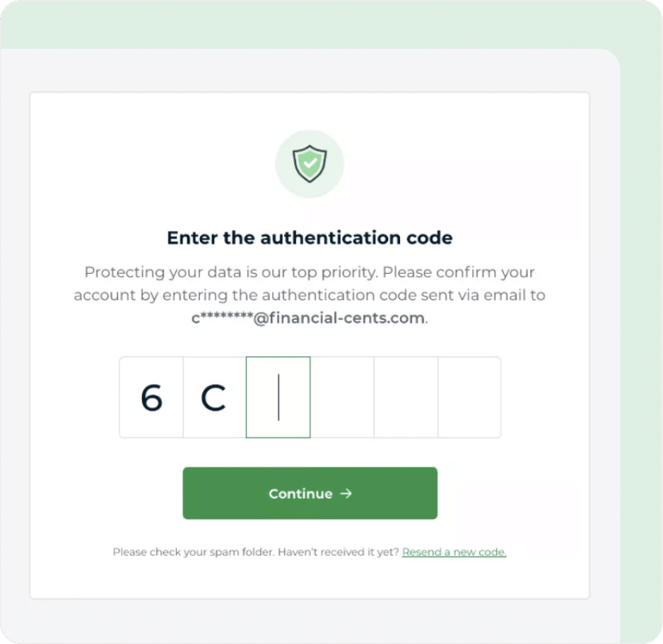 Authentication screen asking user to enter a code sent to their email at financial-cents.com.