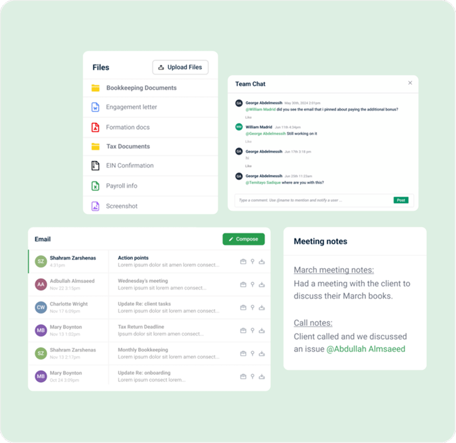 A dashboard with panels showing files, team chat, emails, action points, and meeting notes—an ideal alternative to TaxDome. The interface is clean, featuring sections for documents, messages, and task summaries on a light green background.