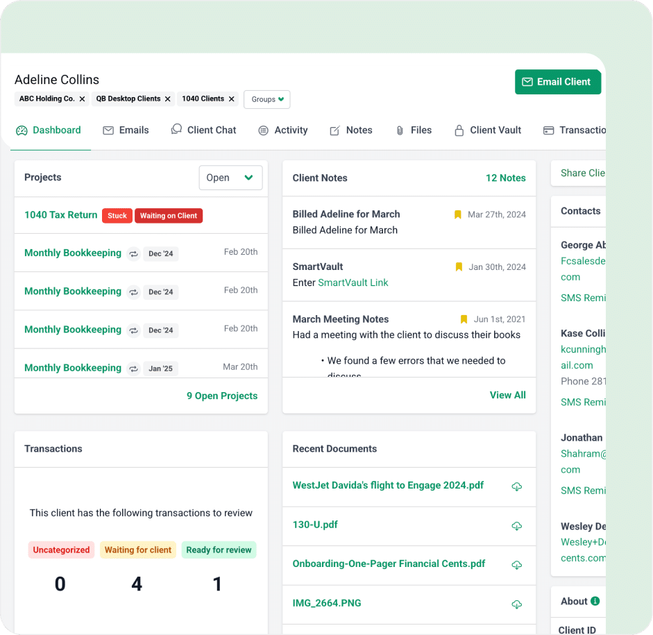 A financial dashboard for client Adeline Collins, showing project statuses, recent activities, and transactions—serving as one of the top UnCat alternatives with a clean interface, navigation tabs, and downloadable documents.