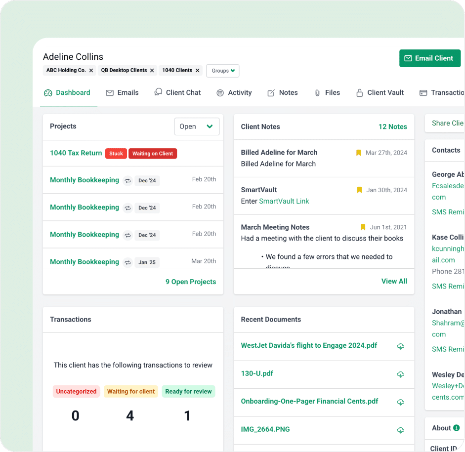 A financial dashboard for client Adeline Collins, showing project statuses, recent activities, and transactions—serving as one of the top Jetpack Workflow alternatives with a clean interface, navigation tabs, and downloadable documents.