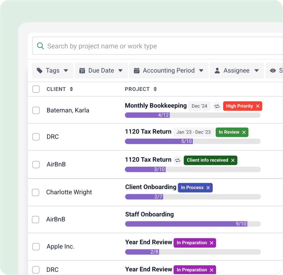A project management dashboard acts as a canopy alternative, displaying client names, project titles, due dates, and status labels like High Priority or In Review, along with progress bars for each project row.