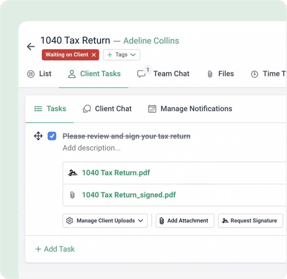 Client task screen showing signed and unsigned tax return PDFs with upload and signature tools.