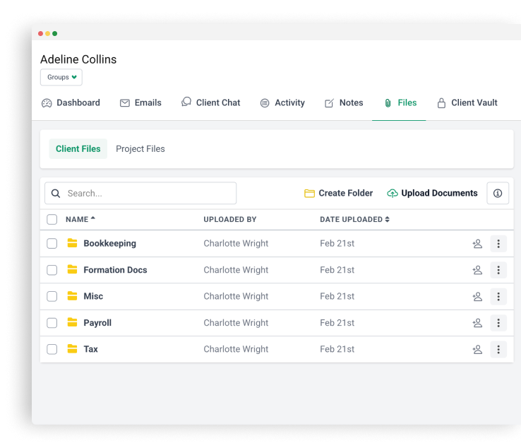 document-management Client file list with folders like Bookkeeping, Tax, and Payroll uploaded by Charlotte Wright.