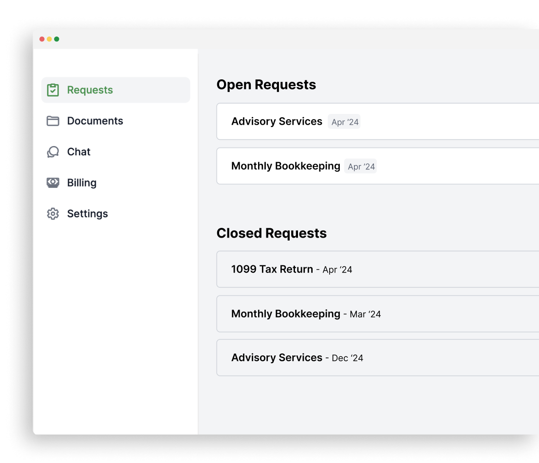 document-requests Dashboard showing open and closed requests like Advisory Services and Monthly Bookkeeping.