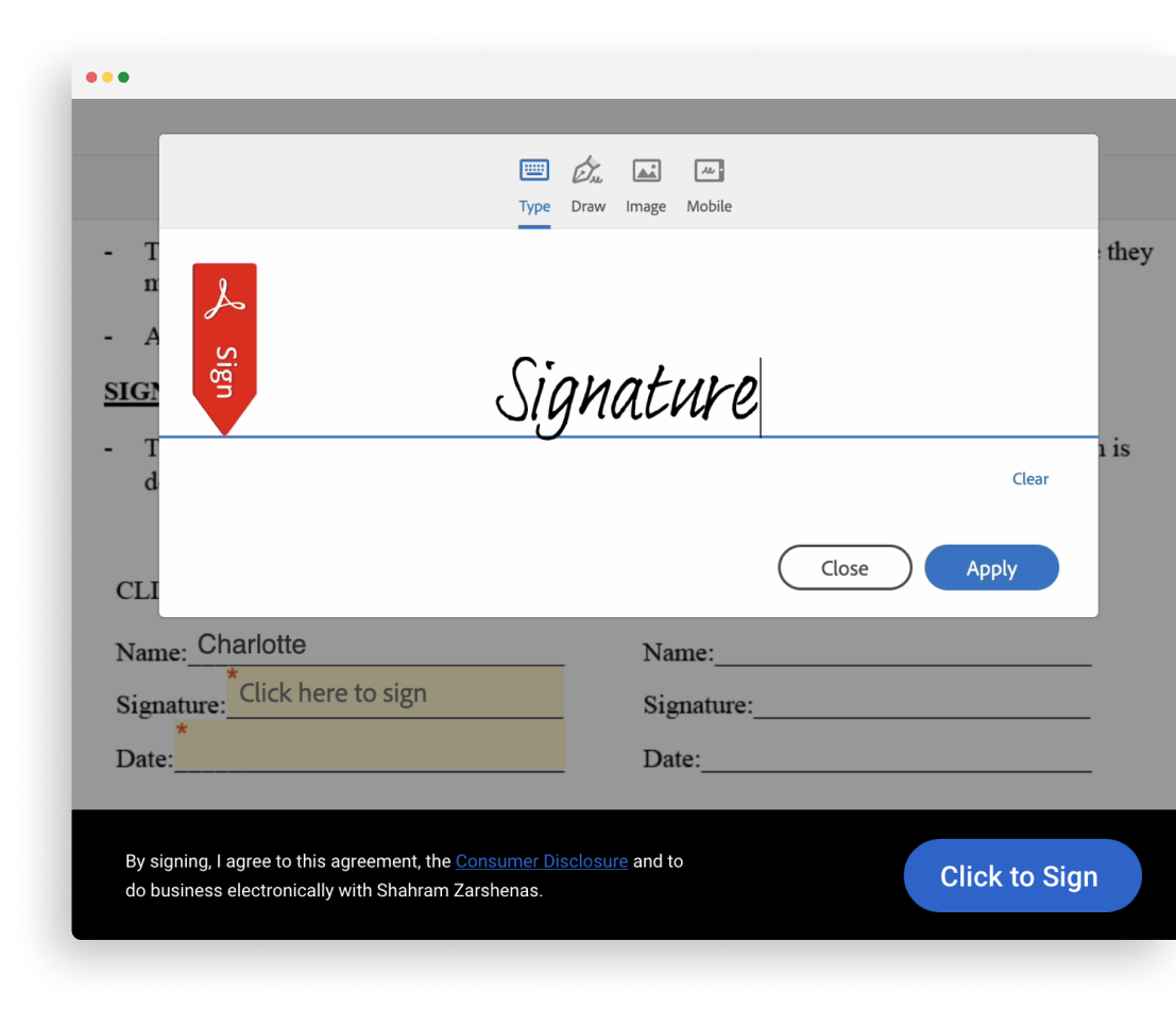 Digital signature interface showing typed name ready to be applied on a document form.