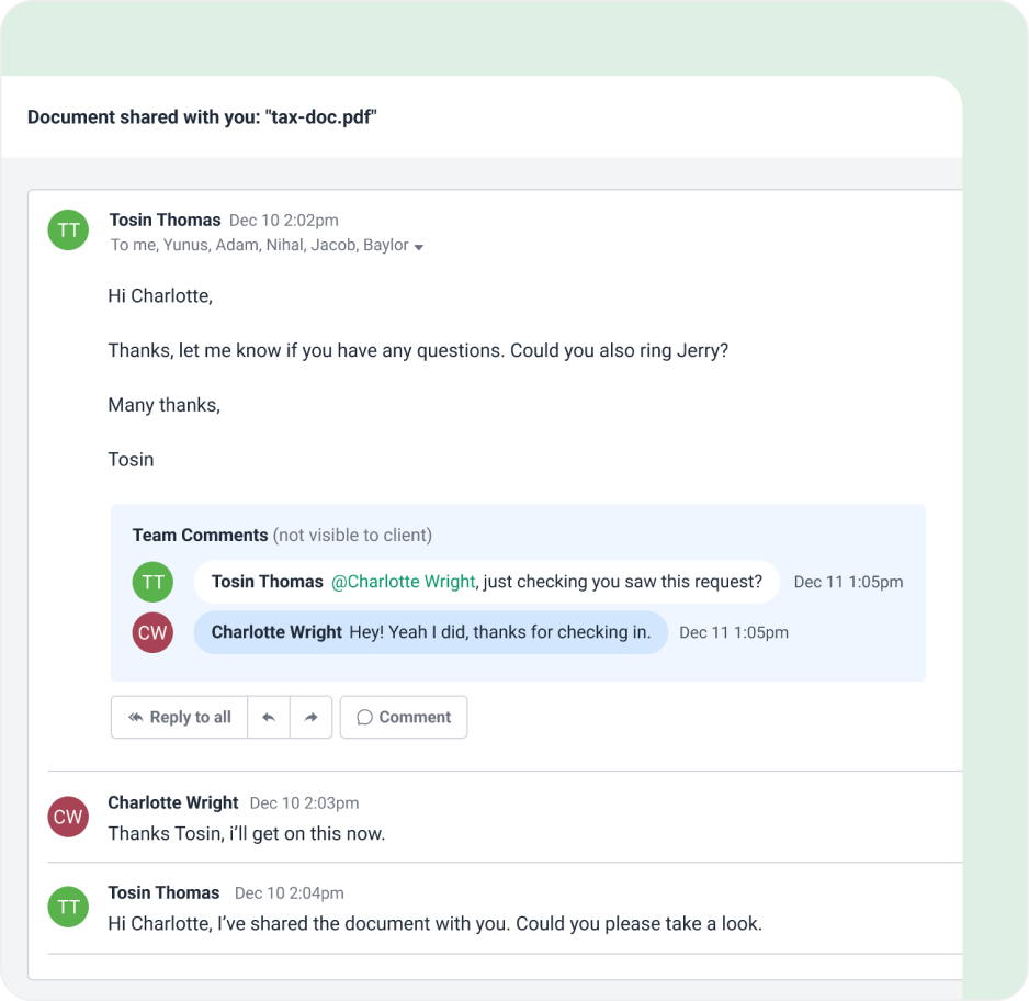 Screenshot of an email thread discussing a shared PDF document. Tosin Thomas asks Charlotte Wright to check the document and follow up with Jerry. Charlotte replies confirming she saw the message and will respond soon.