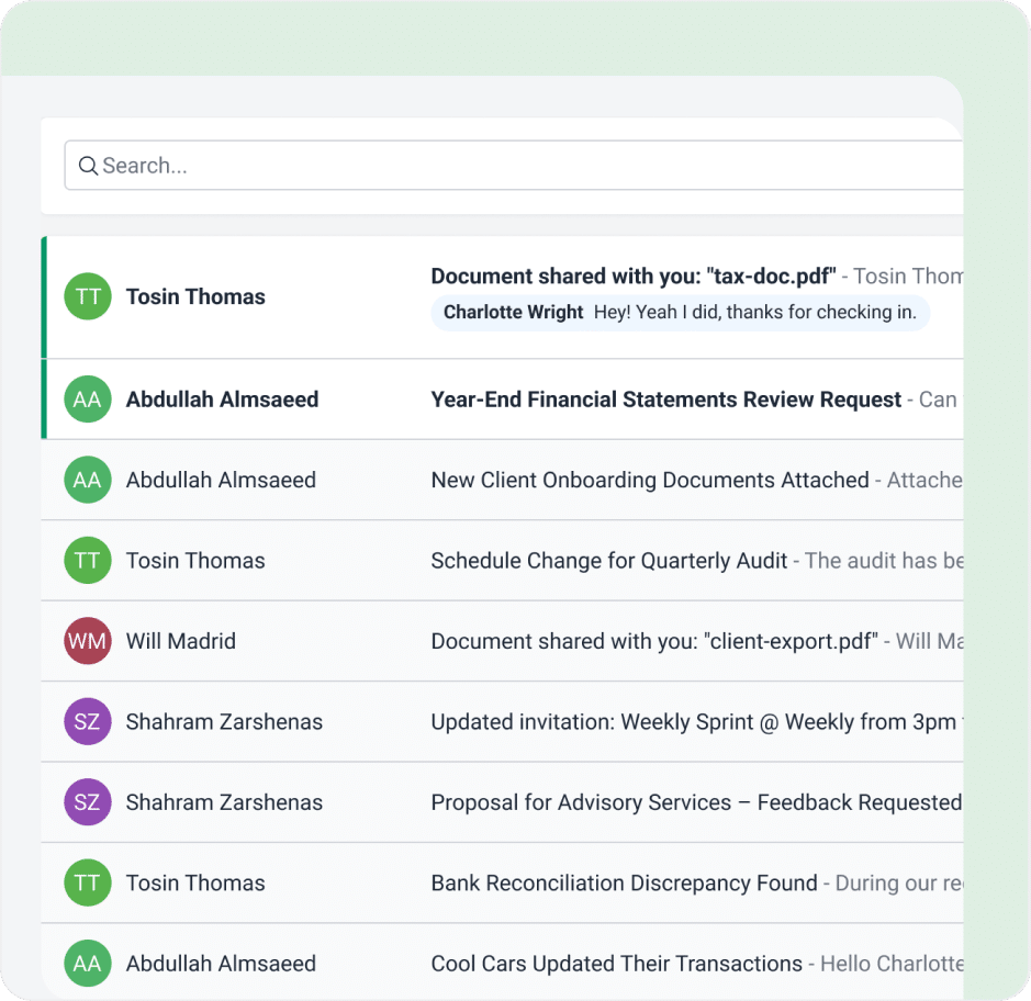 An email inbox interface displays several messages with colored initials, subject lines, and previews. One email is highlighted, showing a document shared and a reply message. A search bar appears at the top.