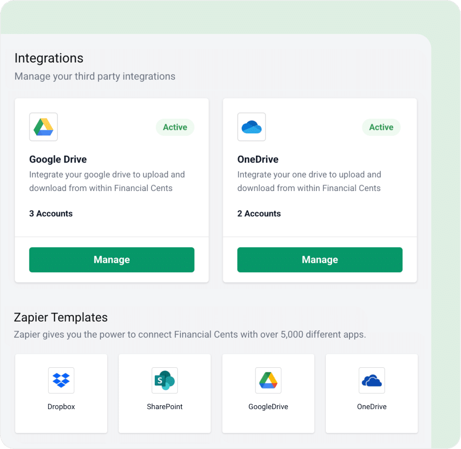Integrations screen with active Google Drive and OneDrive, plus Zapier app options below.