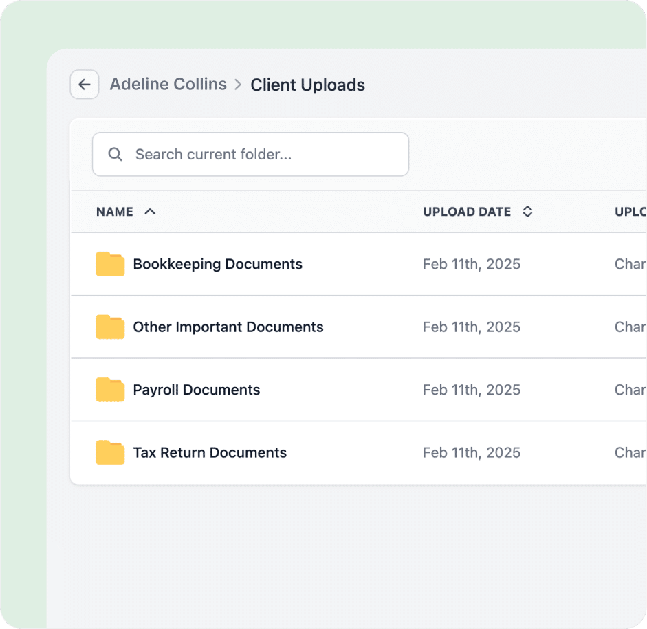 Folder list showing client uploads like Bookkeeping and Payroll, dated February 11, 2025.