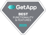 Gray diamond-shaped badge featuring the GetApp logo and text: GetApp BEST FUNCTIONALITY & FEATURES 2025 in white and teal, highlighting a top-rated TaxDome alternative.