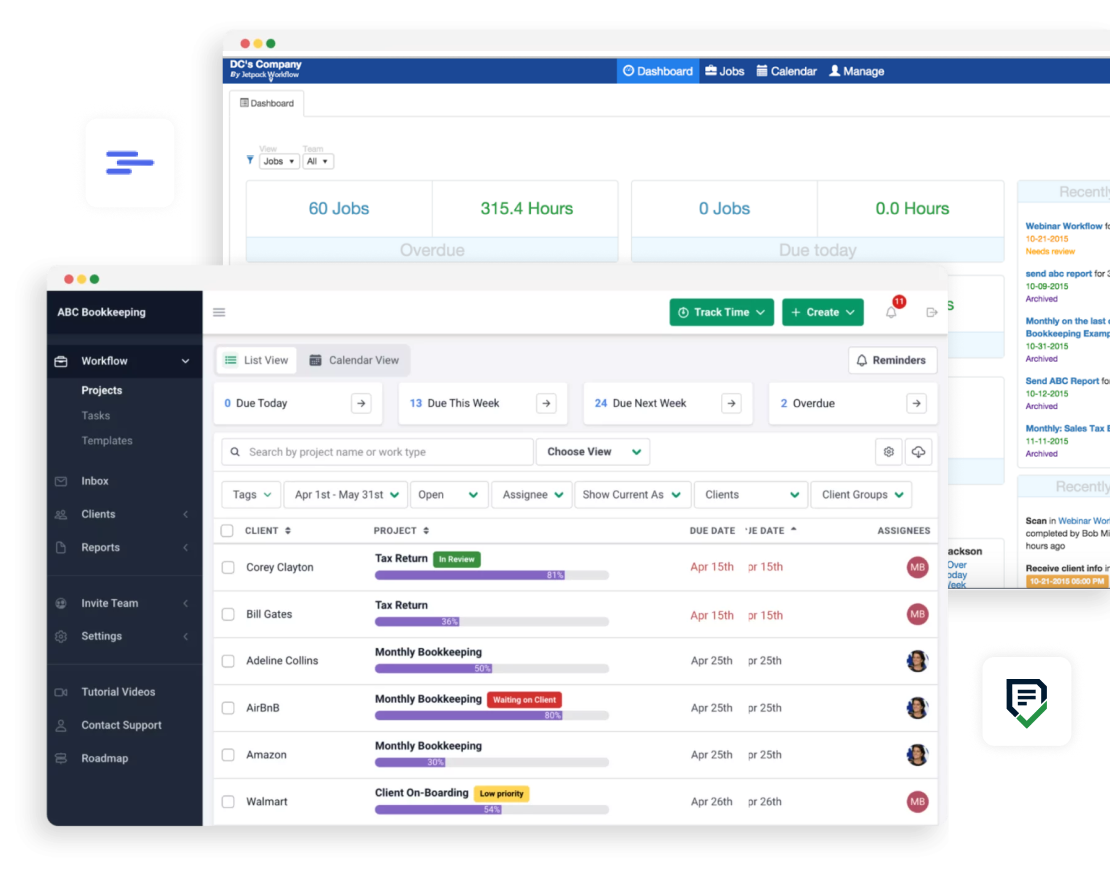 A dashboard showing job tracking, hours worked, client tasks, project deadlines, and status updates—ideal for those seeking Jetpack Workflow alternatives in bookkeeping workflow management software.