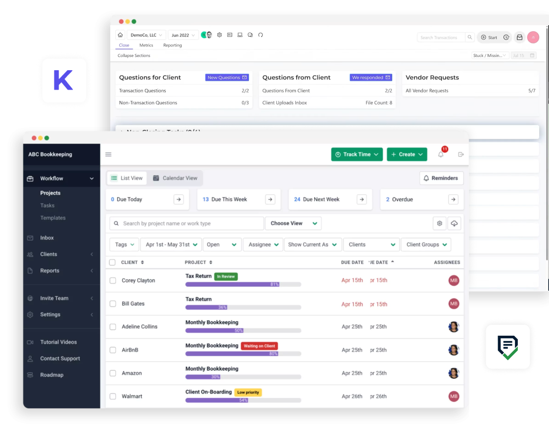 Financial Cents vs Keeper Two overlapping software dashboard screens showcase project management and bookkeeping tasks—ideal as a keeper alternative—with navigation menus, task lists, colored labels, and robust tracking options.