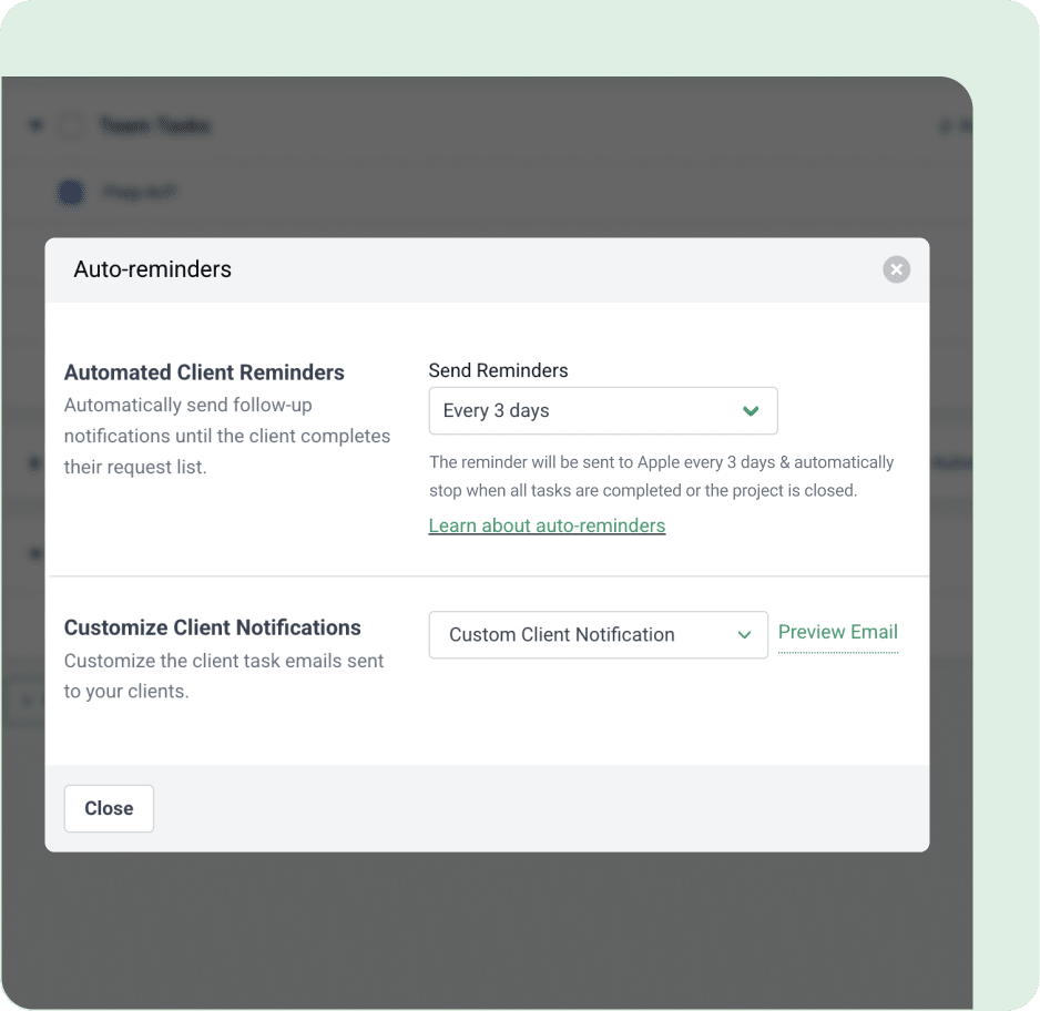 Auto-reminders panel showing settings for sending client reminders and customizing emails.