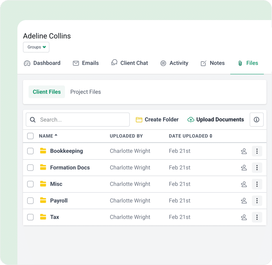 Client file dashboard with folders like Tax, Payroll, and Bookkeeping uploaded by one user.