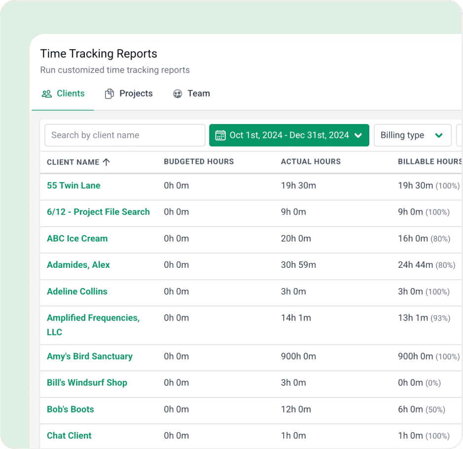 Time tracking report showing client names, hours worked, and billable hours for each project.