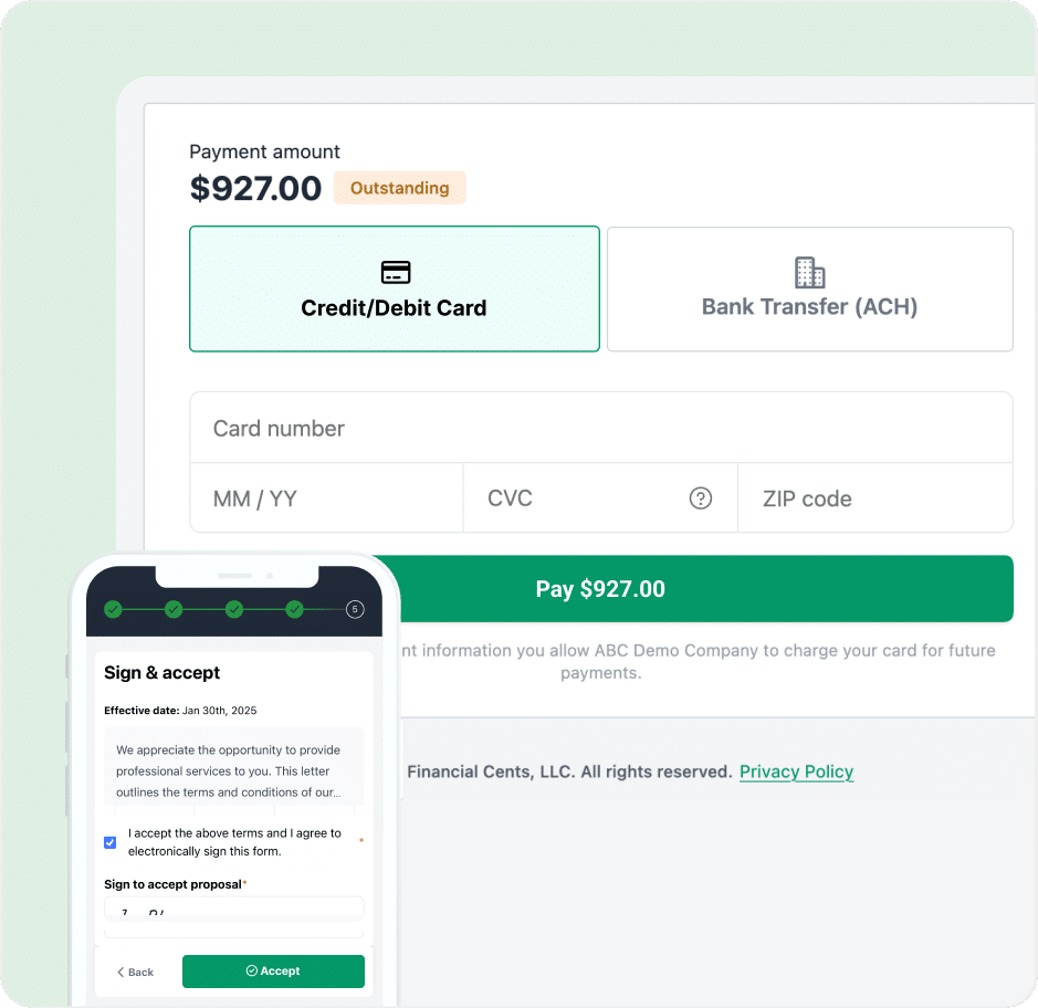 Screen showing $927 payment form and mobile view of sign & accept form with digital signature.