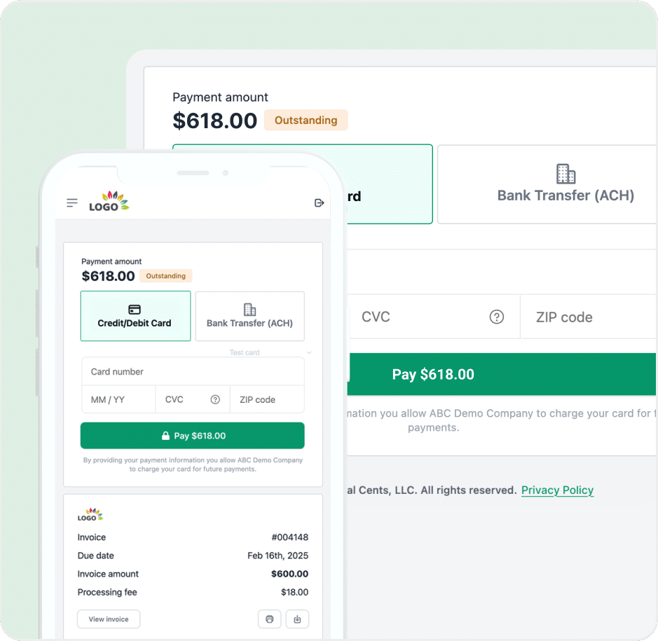 Payment screen showing 8 due with credit card and ACH options on mobile and desktop.