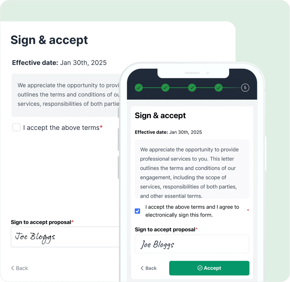 Sign and accept screen with form fields and digital signature for accepting a proposal.