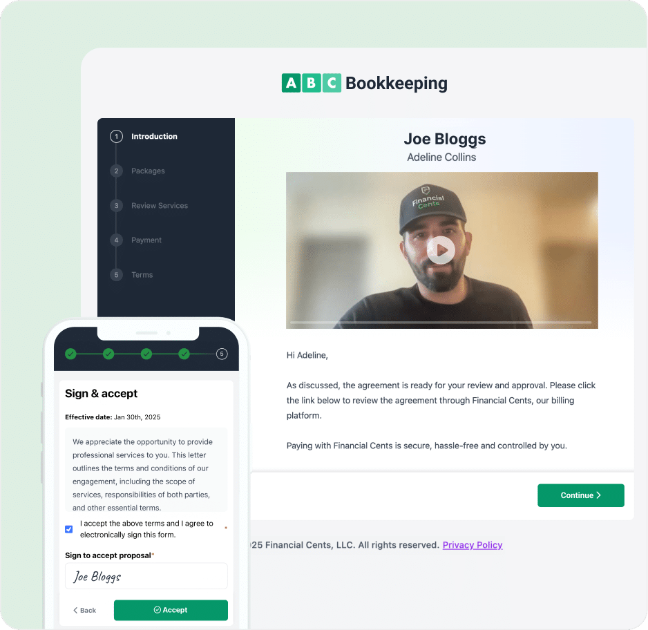 Proposal intro screen with video message from Joe Bloggs and mobile sign & accept form.