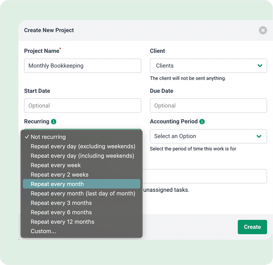 A project creation form is displayed with fields for project name, client, start date, accounting period, and recurring options. The Recurring dropdown is open, highlighting Repeat every month in blue.