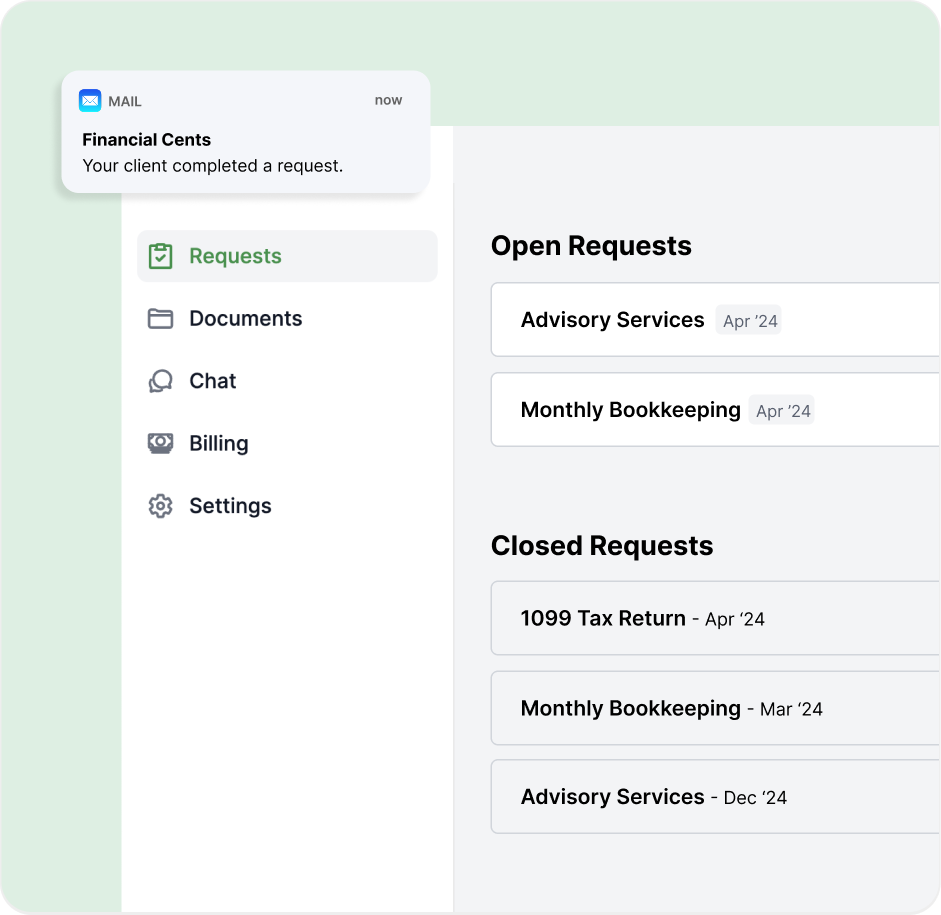 Request dashboard with open and closed tasks, and a notification of client completion.