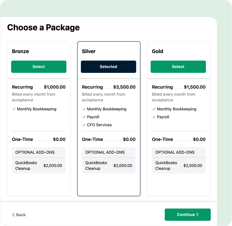 Package selection screen showing Bronze, Silver, and Gold plans with pricing and add-ons.