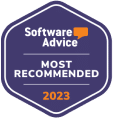A purple badge with the text Software Advice Most Recommended 2023 in white and orange, highlighting a top taxdome alternative recommendation for software in 2023.