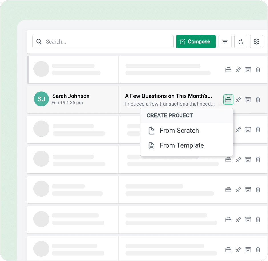 A dashboard shows an email inbox interface with a message selected. A dropdown menu offers options to create a project from scratch or a template. The “Compose” button is visible at the top right.
