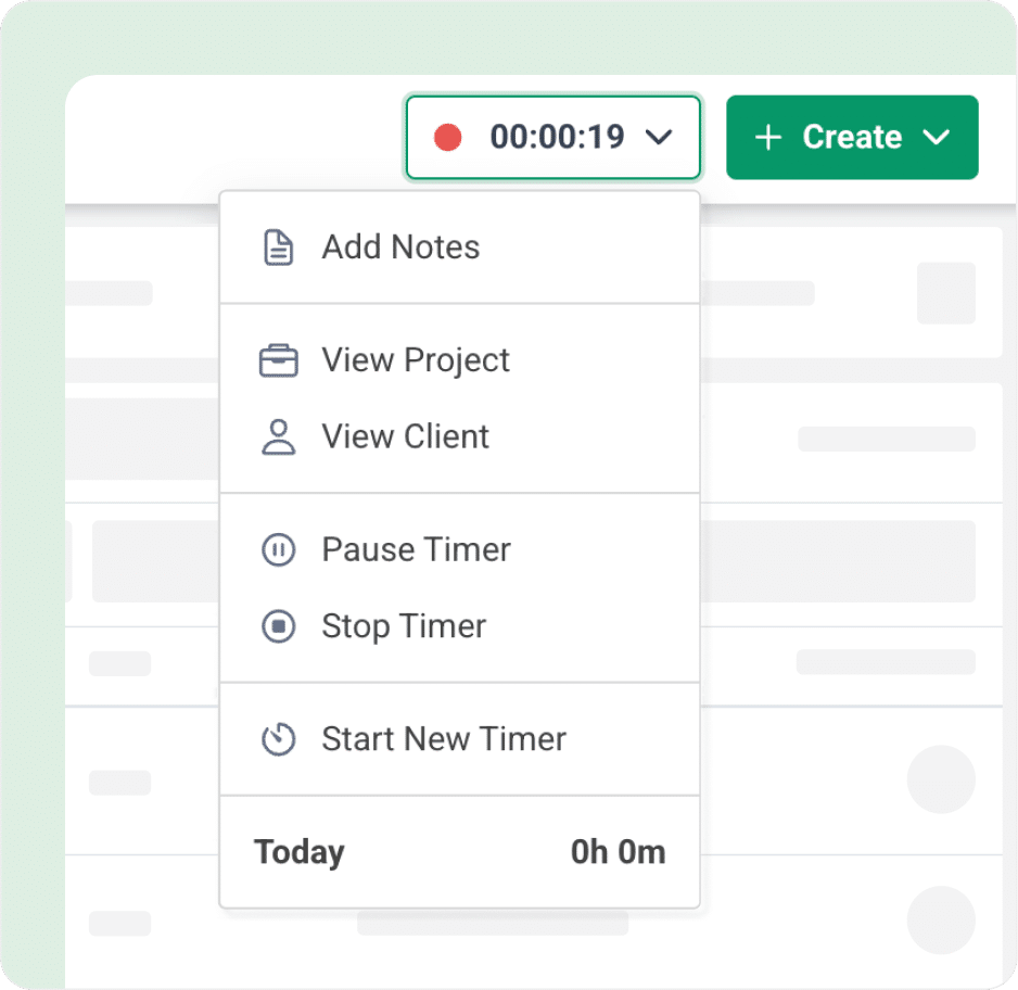 Screenshot of a digital time tracking interface showing a running timer and a dropdown menu with options like Add Notes, View Project, View Client, Pause Timer, Stop Timer, and Start New Timer. The interface has a green 'Create' button and a timer currently running at 00:00:19.