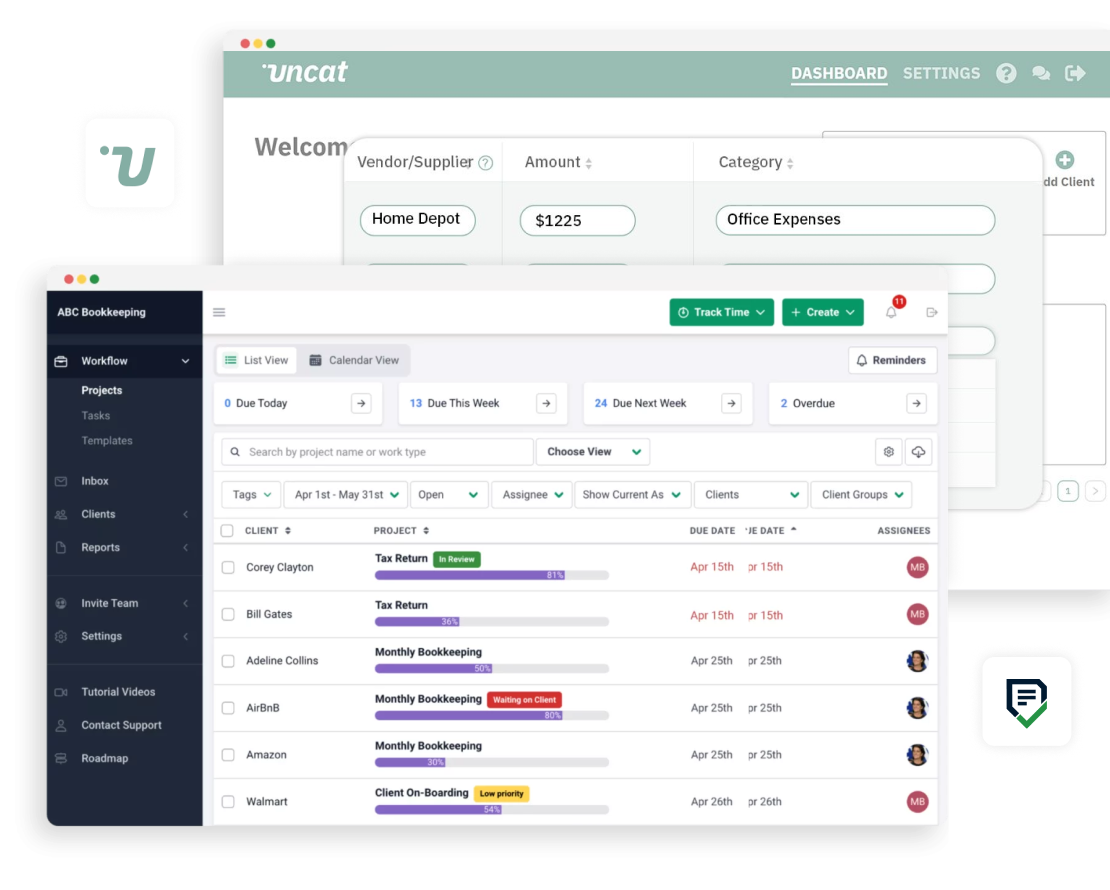 A screenshot shows a bookkeeping web app dashboard with categorized expenses, vendor names, dropdown menus, and a list of client projects.