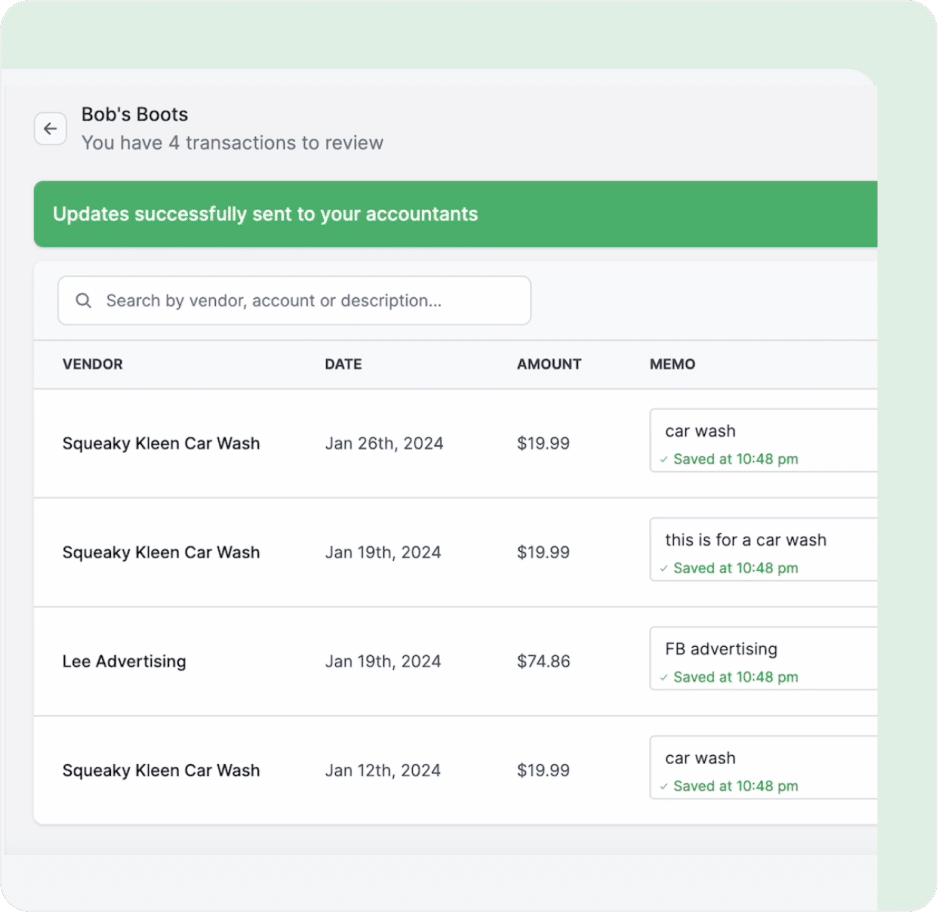 Transaction list for Bob’s Boots with vendor names, dates, amounts, and saved memos.