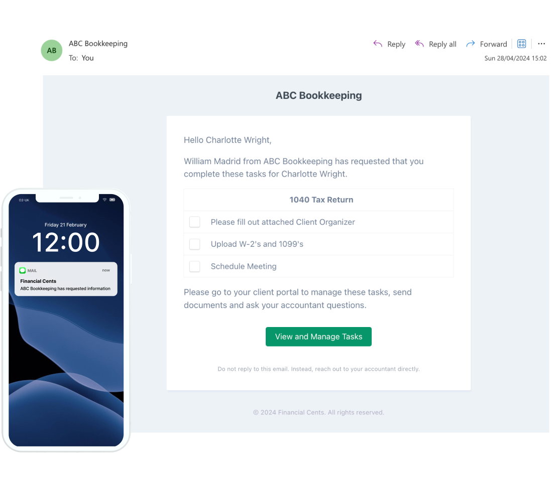 An email from ABC Bookkeeping requests tasks for a 1040 Tax Return, with a checklist and a View and Manage Tasks button. Next to it is a smartphone showing a notification from Financial Cents.