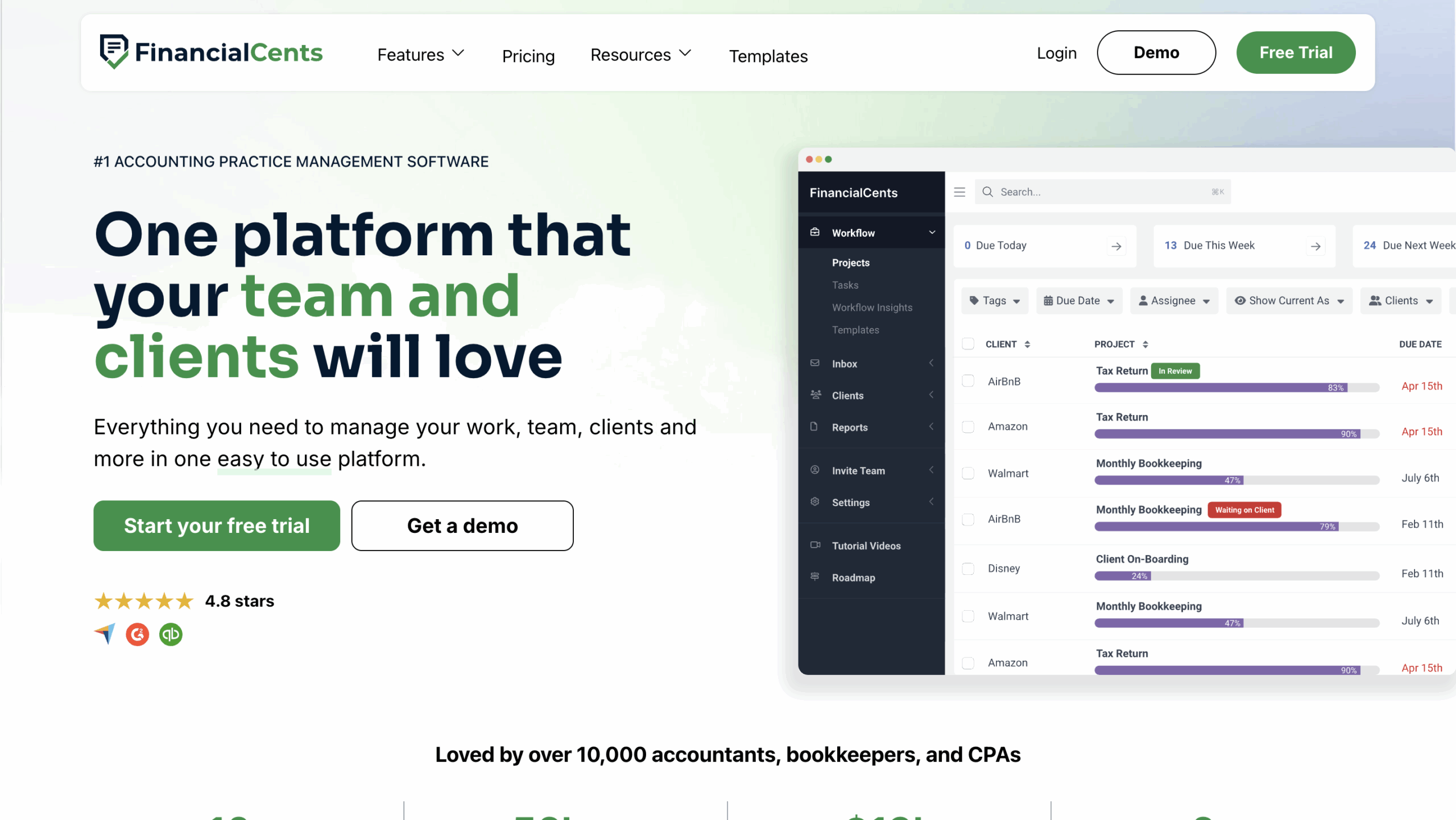 a snapshot of Financial Cents accounting workflow management software product page