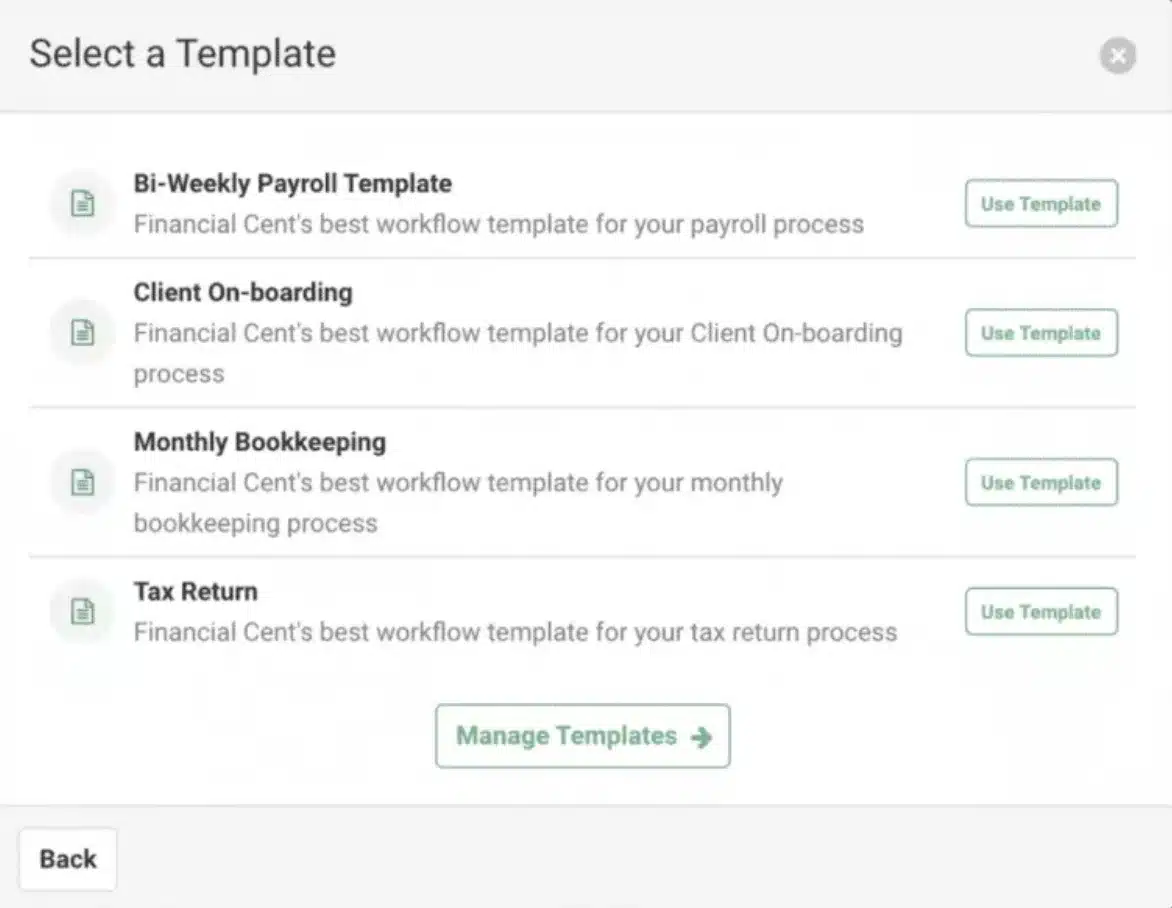 A template selection menu with options for payroll, onboarding, bookkeeping, and tax return workflows, each with a “Use Template” button.