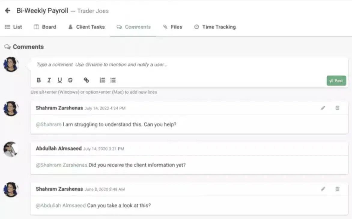 A project comment section shows team discussions with user avatars, message threads, text formatting tools, and tabs for tasks, files, and time tracking.