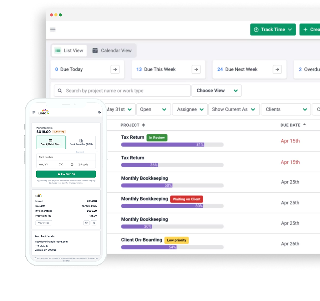 Dashboard interface with task tracking and payment panel; shows project statuses, due dates, progress bars, and an invoice payment screen on mobile.