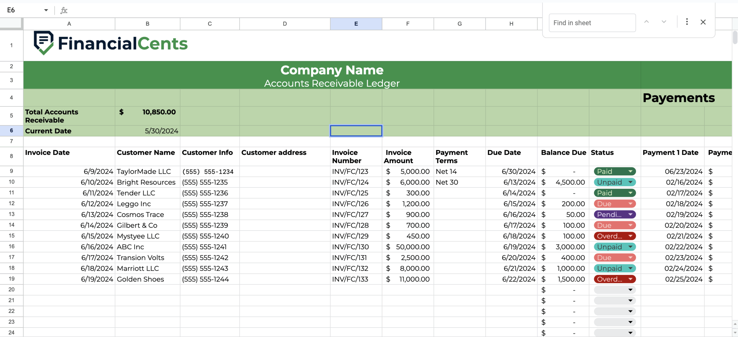accounts receivable spreadsheet template